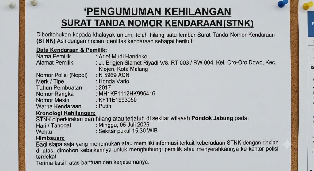 PENGUMUMAN KEHILANGAN SURAT TANDA NOMOR KENDARAAN (STNK)